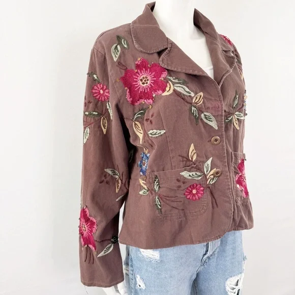 Passports Brown Beaded Jacket Size XL Floral Embroidery V-Neck Boho Artsy Casual - Picture 8 of 12